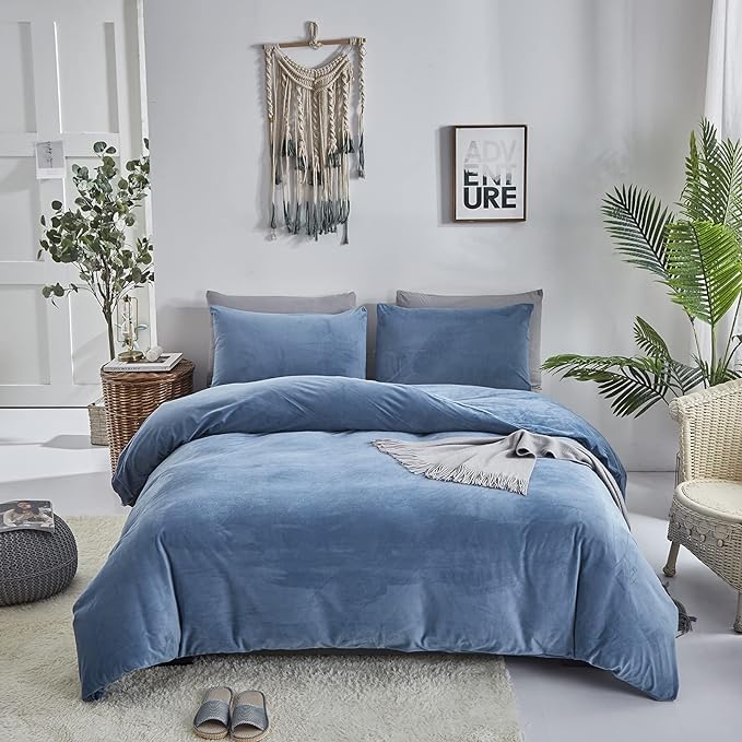 Wellboo Blue Velvet Bedding Comforter Sets California King Adults Men Solid Lake Blue Fluffy Comforters Cotton Women Plain Haze Blue Flannel Quilts Cal King Micromink Sherpa Blankets Aesthetic Bed - LeafyLoom