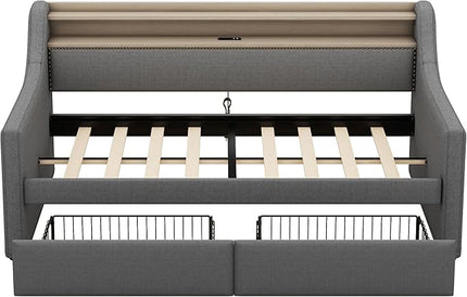 Twin Size Daybed with 2 Storage Drawers, Upholstered Day Bed Frame with Charging Station and LED Lights, Linen Sofa Beds for Living Room, Bedroom, Gray - LeafyLoom