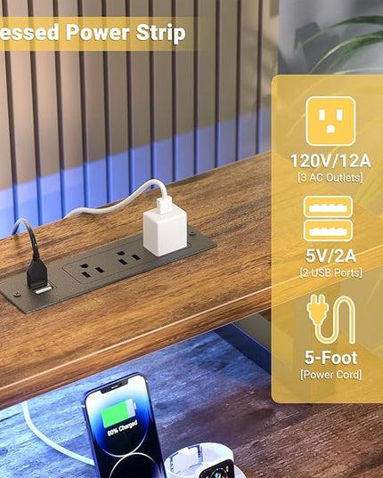 Computer Desk with USB Power Outlets and LED Lights, 47 inch Gaming desk with Monitor Stand for Small Space Home Office, Modern Simple Study Writing Table PC Desks, Rustic Brown - LeafyLoom