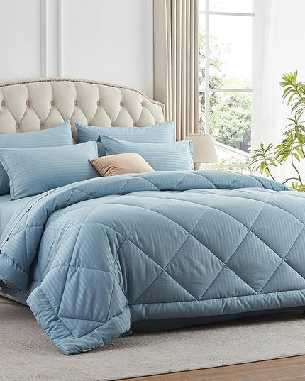 NexHome Blue Grey King Bed in a Bag 7-Pieces Comforter Sets with Comforter and Sheets Soft All Season Bedding Sets with Comforter, Pillow Shams, Flat Sheet, Fitted Sheet and Pillowcases - LeafyLoom