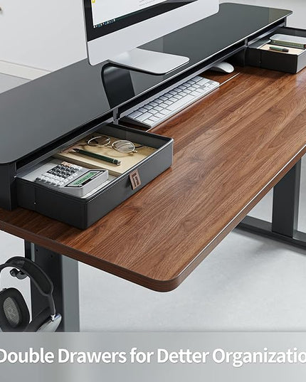 FEZIBO 55 x 24 Inch Height Adjustable Glass Electric Standing Desk with Double Drawer, Stand Up Desk with Storage Shelf, Sit Stand Desk, Black Walnut - LeafyLoom