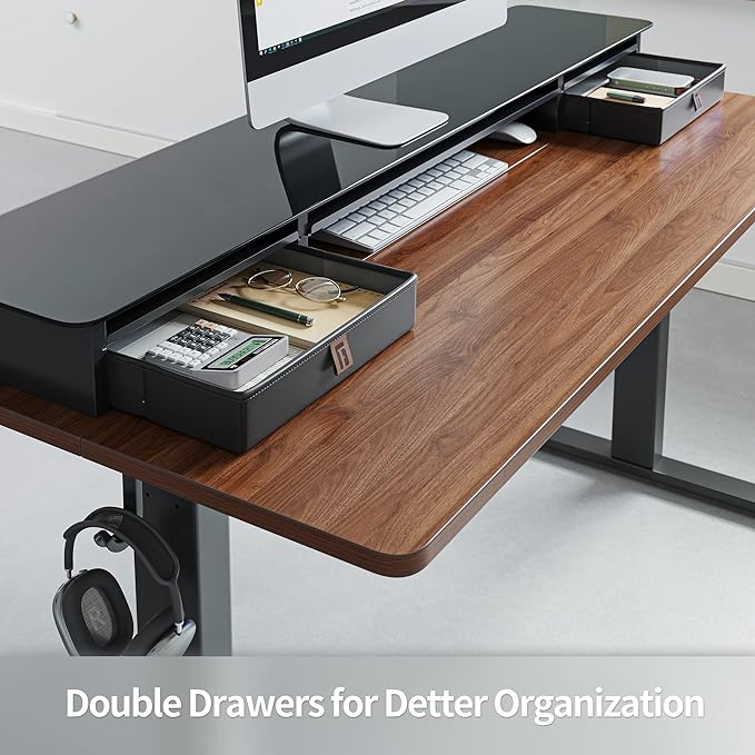 FEZIBO 55 x 24 Inch Height Adjustable Glass Electric Standing Desk with Double Drawer, Stand Up Desk with Storage Shelf, Sit Stand Desk, Black Walnut - LeafyLoom