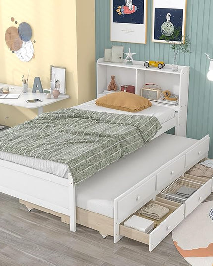 Platform Bed Twin Size with Bookcase Headboard, Trundle and 3 Drawers, Wooden Storage Bedframe for Kids Teens Adults Bedroom - LeafyLoom