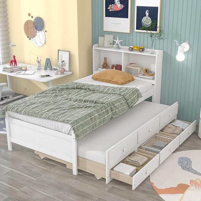Platform Bed Twin Size with Bookcase Headboard, Trundle and 3 Drawers, Wooden Storage Bedframe for Kids Teens Adults Bedroom - LeafyLoom