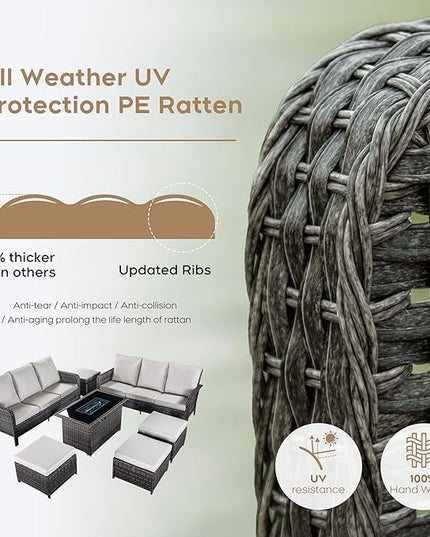 Yechen Patio Conversation Set 10 Seats with 44" Propane Gas Fire Pit Table - 7 Pcs Outdoor Wicker Furniture Set with Lid & Wind Shields - Sectional Sofa Set for Porch,Backyard - LeafyLoom