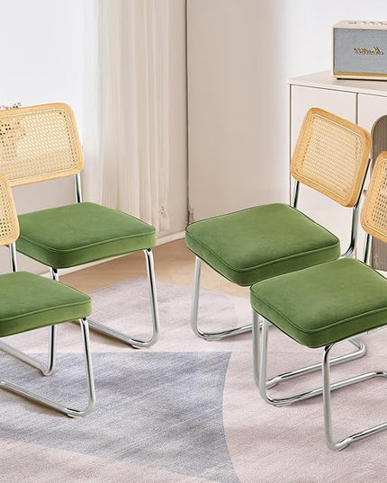 VEVOR Rattan Dining Chairs Set of 4, Mid Century Modern Dining Chair, Upholstered Velvet Accent Chair with Rattan Back, Retro Dining Room Kitchen Chair for Living Room, Bedroom, Office (18.1 Inch) - LeafyLoom