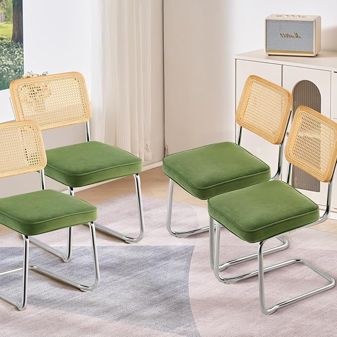 VEVOR Rattan Dining Chairs Set of 4, Mid Century Modern Dining Chair, Upholstered Velvet Accent Chair with Rattan Back, Retro Dining Room Kitchen Chair for Living Room, Bedroom, Office (18.1 Inch) - LeafyLoom