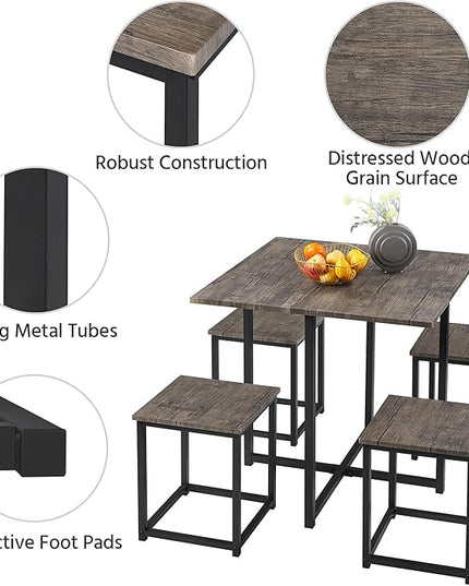 Yaheetech 5-Piece Dining Table Set with 4 Stools - Industrial Compact Kitchen Table & Chairs Sets, Space-Saving Design for Apartment, Small Space, Breakfast Nook, Drift Brown - LeafyLoom