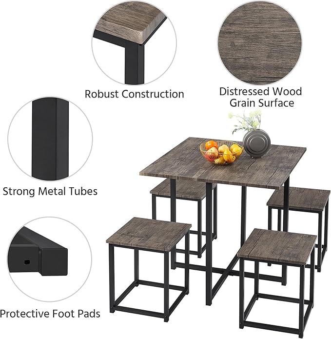 Yaheetech 5-Piece Dining Table Set with 4 Stools - Industrial Compact Kitchen Table & Chairs Sets, Space-Saving Design for Apartment, Small Space, Breakfast Nook, Drift Brown - LeafyLoom