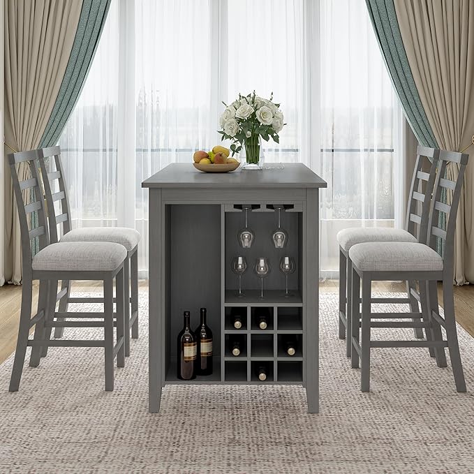 5 Piece Industrial Dinette Sets Wooden Kitchen Dining Table and 5 Matching Upholstered Chairs, for Diningroom Living Room, Easy to Assemble, Gray 2 - LeafyLoom