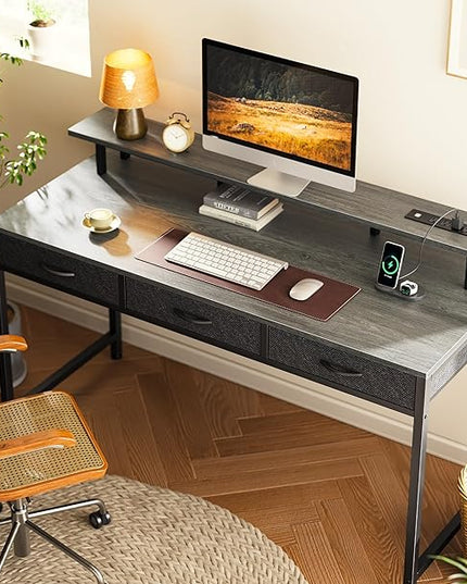 55 inch Computer Desk with 3 Drawers, Office Desk Gaming Desk with LED Lights & Power Outlets, Home Office Desks with Storage Space for Bedroom, Work from Home, Gray - LeafyLoom