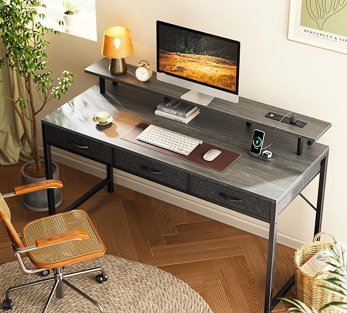 55 inch Computer Desk with 3 Drawers, Office Desk Gaming Desk with LED Lights & Power Outlets, Home Office Desks with Storage Space for Bedroom, Work from Home, Gray - LeafyLoom