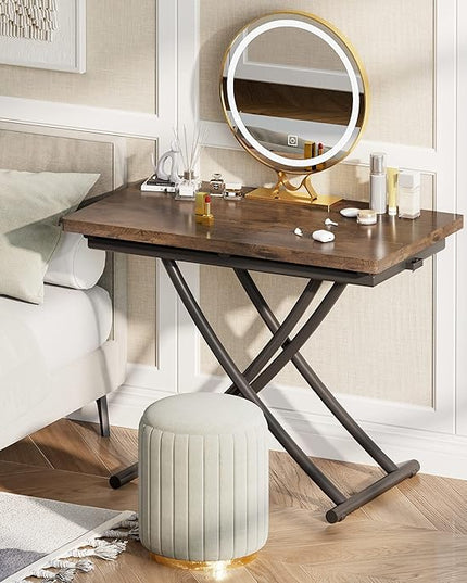 Multifunctional Folding Dining Table, Height Adjustable Lift Top Coffee Transformer Table with Metal legs for Space Saving Living Room Kitchen Tea, Brown - LeafyLoom