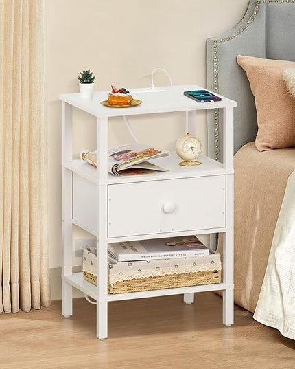 Lerliuo Nightstand with Charging Station and USB Ports, 3-Tier Storage End Table with Drawer Shelf, Night Stand for Small Spaces, Wood Bedside Table for Living Room, Bedroom - Elegant White - LeafyLoom