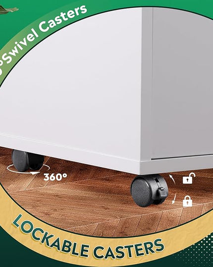 DEVAISE Office File Cabinet with Lock, 1-Drawer Wood Lateral Filing Cabinet on Wheels, Printer Stand with Open Storage Shelves for Home Office, White - LeafyLoom
