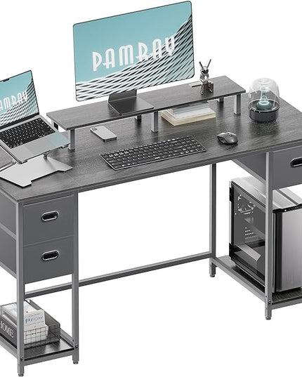 Pamray 55 Inch Computer Desk with Non-woven Storage Drawers and Monitor Stand Home Office Desk for Bedroom Study Table Writing and Work Desk Espresso Gray - LeafyLoom