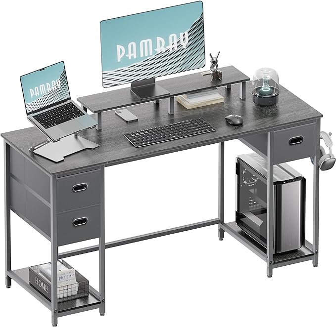 Pamray 55 Inch Computer Desk with Non-woven Storage Drawers and Monitor Stand Home Office Desk for Bedroom Study Table Writing and Work Desk Espresso Gray - LeafyLoom