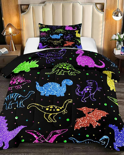 Dinosaur Twin Bedding Set, Cartoon Kids Bedding Dinosaur Twin Size Comforter Set for Boys Teen Soft Breathable Black Dinosaur Comforter Set Twin (1 Comforter 1 Pillowcase) - LeafyLoom
