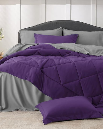 Bedsure Purple Twin Comforter Sets - 5 Pieces Reversible Twin Bedding Sets for College, Purple Extra Long Bed Set Twin with Comforters, Sheets, Pillowcase & Sham - LeafyLoom