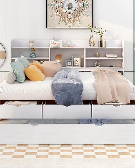 Full Captains Bed with 3 Storage Drawers and Trundle, Wood Daybed with Built-in Bookshelves for Bedroom Living Room, White - LeafyLoom