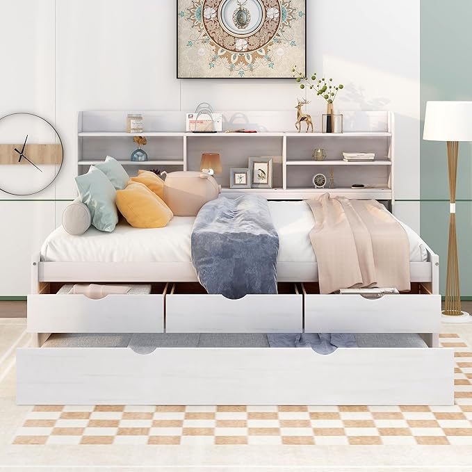 Full Captains Bed with 3 Storage Drawers and Trundle, Wood Daybed with Built-in Bookshelves for Bedroom Living Room, White - LeafyLoom