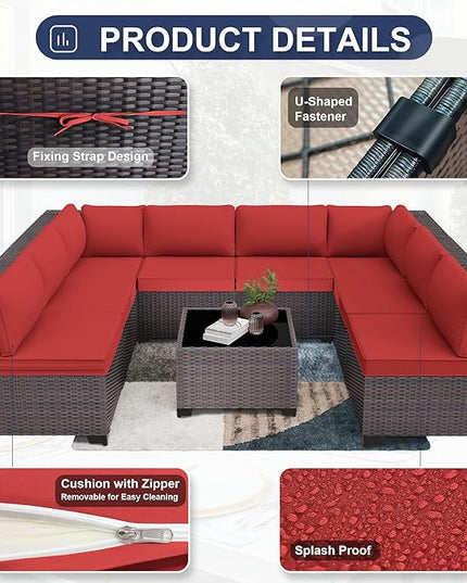 Patio Furniture Set 9-Pieces Outdoor Furniture for Backyard Wicker Sectional Sofa Set, Rattan Patio Conversation Set with Thickened Cushions and Glass Coffee Table, Red - LeafyLoom