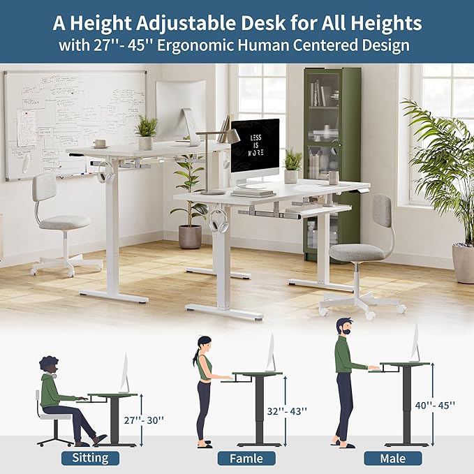 BANTI 48" x 24" Height Adjustable Electric Standing Desk with Keyboard Tray, Sit Stand up Desk with Splice Board, White Frame/White Top - LeafyLoom
