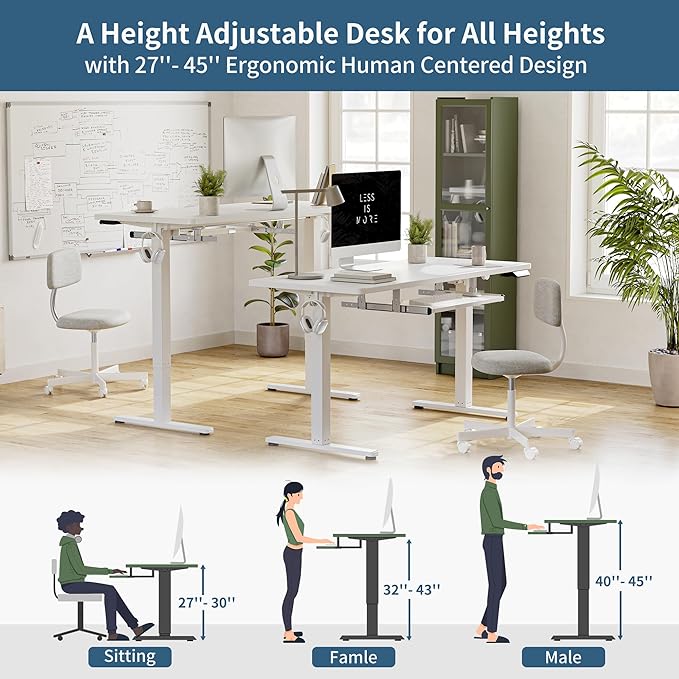 BANTI 40" x 24" Height Adjustable Electric Standing Desk with Keyboard Tray, Sit Stand up Desk with Splice Board, White Frame/White Top - LeafyLoom