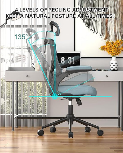 𝑯𝑶𝑴𝑬 𝑶𝑭𝑭𝑰𝑪𝑬 𝑪𝑯𝑨𝑰𝑹, Ergonomic Mesh Desk Chair, High Back Computer Chair- Adjustable Headrest with Flip-Up Arms, Lumbar Support, Swivel Executive Task Chair (Modern, Black Coral) - LeafyLoom