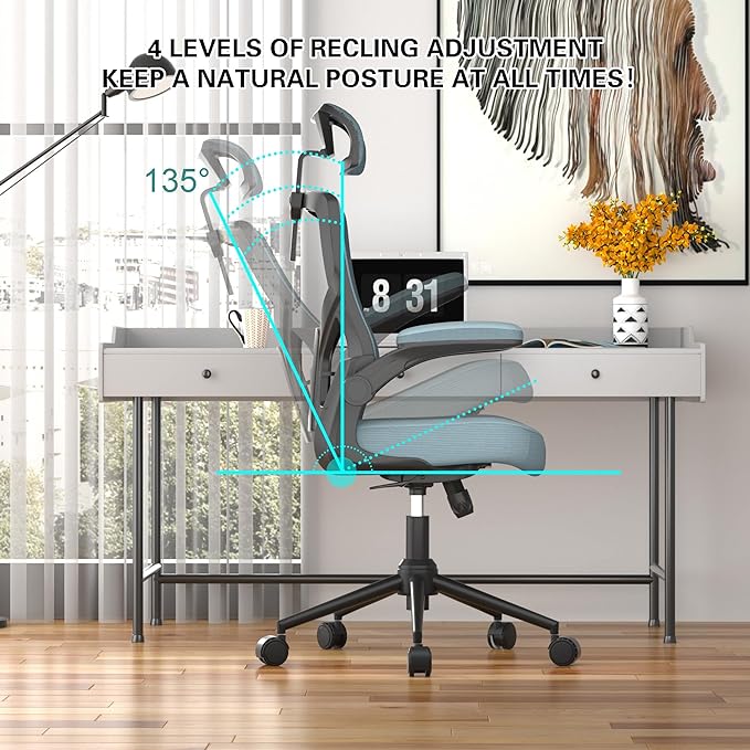 𝑯𝑶𝑴𝑬 𝑶𝑭𝑭𝑰𝑪𝑬 𝑪𝑯𝑨𝑰𝑹, Ergonomic Mesh Desk Chair, High Back Computer Chair- Adjustable Headrest with Flip-Up Arms, Lumbar Support, Swivel Executive Task Chair (Modern, Black Coral) - LeafyLoom