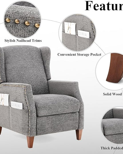 COLAMY Wingback Pushback Recliner Storage Pocket Upholstered Fabric Living Room Chair Armchair, with Wood Legs and Nailhead Trim, Dark Grey - LeafyLoom