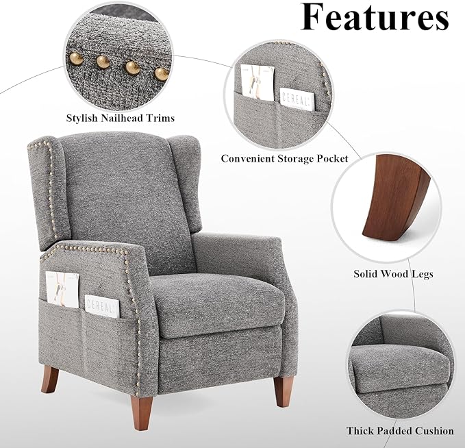 COLAMY Wingback Pushback Recliner Storage Pocket Upholstered Fabric Living Room Chair Armchair, with Wood Legs and Nailhead Trim, Dark Grey - LeafyLoom