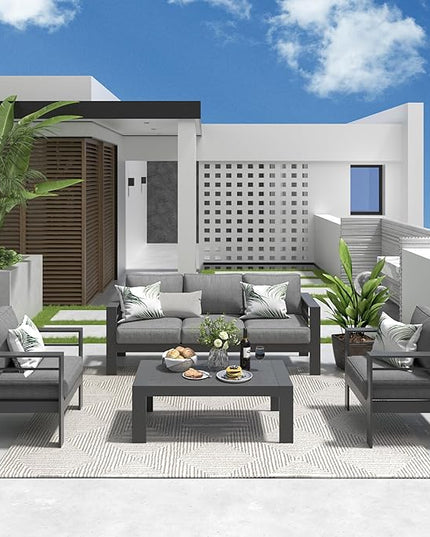 Solaste Aluminum Patio Furniture Set, 4 Pcs Modern Outdoor Conversation Set Sectional Sofa with Upgrade Cushion and Coffee Table,Grey - LeafyLoom