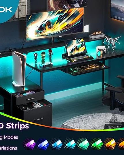 AODK 63 Inch Gaming Desk with Power Outlet & LED Light, Reversible Computer Desk with File Cabinet and Fabric Drawer, Office Desk with Keyboard Tray, Table with Full Monitor Riser and PC Stand, Black - LeafyLoom