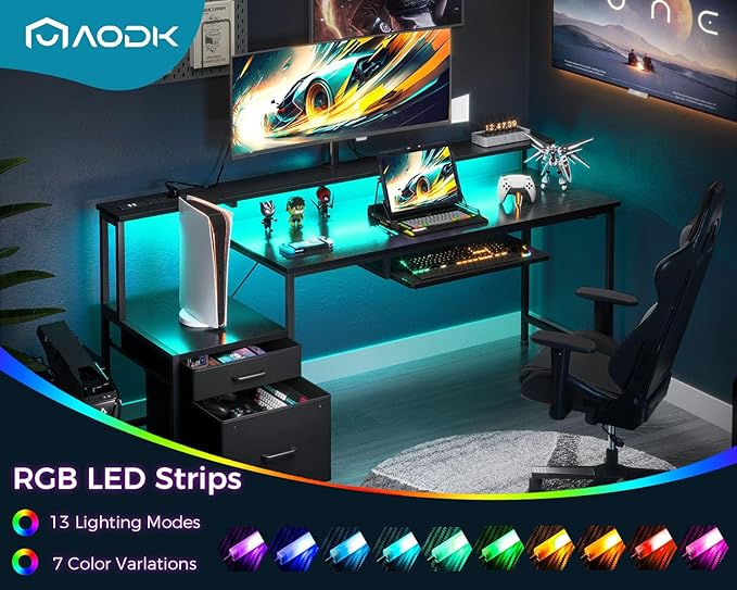 AODK 63 Inch Gaming Desk with Power Outlet & LED Light, Reversible Computer Desk with File Cabinet and Fabric Drawer, Office Desk with Keyboard Tray, Table with Full Monitor Riser and PC Stand, Black - LeafyLoom