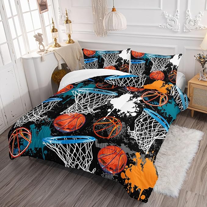 Axolotl Basketball Comforter Set Queen,Sports Comforter Set,Basketball Bedding Set,Sports Theme Comforter Set,Grunge Bedding Aesthetic Cool Style for Boys Kids Men,1 Quilt 2 Pillowcases,Black Blue - LeafyLoom