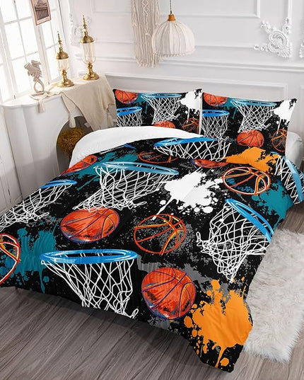 Axolotl Basketball Comforter Set Twin,Sports Comforter Set,Basketball Bedding Set,Sports Theme Comforter Set,Grunge Bedding Aesthetic Cool Style for Boys Kids Men,1 Quilt 2 Pillowcases,Black Blue - LeafyLoom