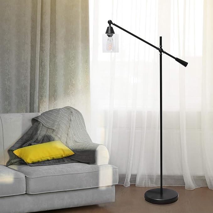 Elegant Designs LF1030-BLK Pivot Arm Glass Shade Floor Lamp, Black - LeafyLoom