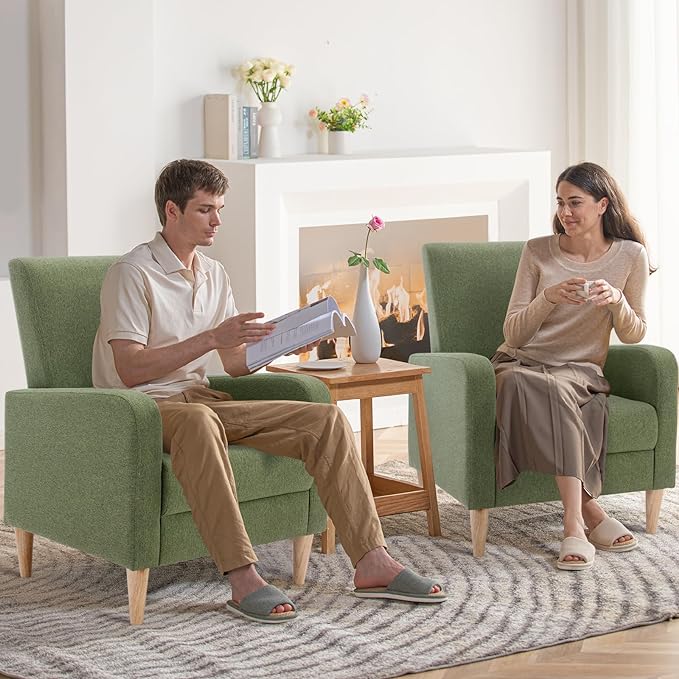 COLAMY Modern Accent Living Room Chairs Set of 2, Upholstered Fabric Armchair Reading Side Chair, Single Sofa with Back Pillow and Wood Legs, Green - LeafyLoom