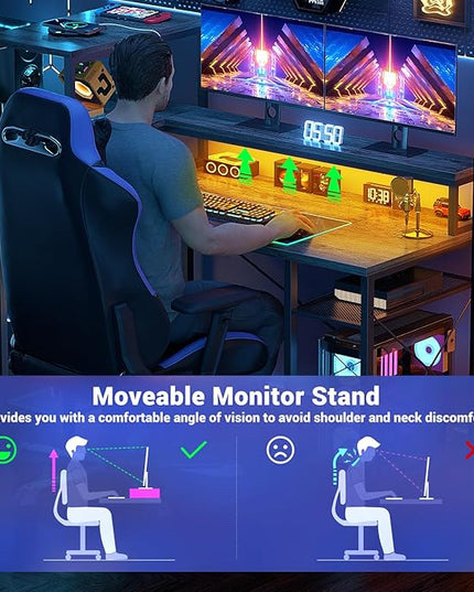 Cyclysio 55 inch Gaming Desk with LED Light, Adjustable Computer Desk with Storage Shelves, Home Office Desk with Power Outlets, Computer Gaming Desk with Long Monitor Stand for Small Space, Grey - LeafyLoom