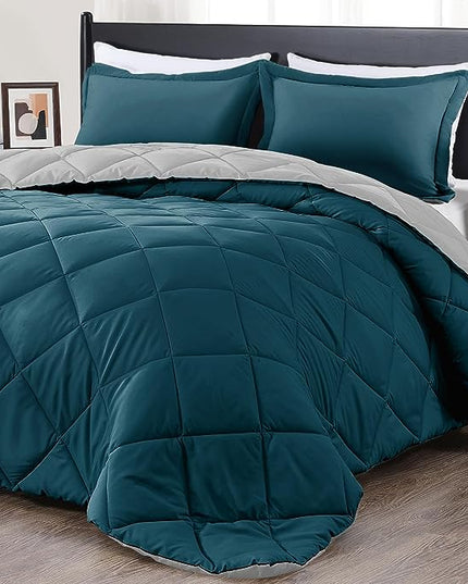 downluxe Twin Comforter Set - Green and Grey Twin Comforter, Soft Bedding Sets for All Seasons -2 Pieces - 1 Comforter (66"x92") and 1 Pillow Sham(20"x26") - LeafyLoom