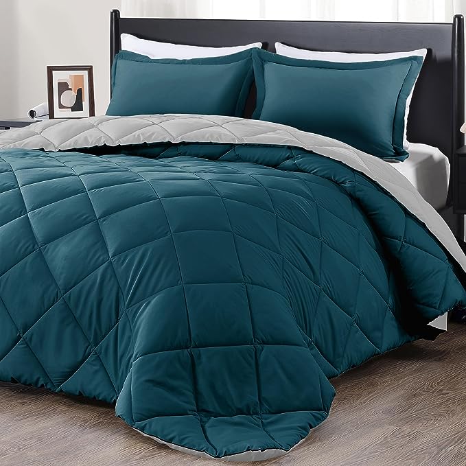 downluxe Twin Comforter Set - Green and Grey Twin Comforter, Soft Bedding Sets for All Seasons -2 Pieces - 1 Comforter (66"x92") and 1 Pillow Sham(20"x26") - LeafyLoom