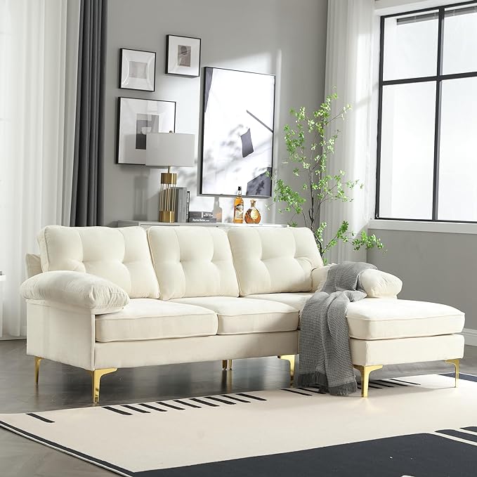 L Shaped Convertible Sleeper Sectional Sofa with Reversible Chaise, 3 Seater Corner Couch Bed with Detachable Pillow Armrest and Golden Metal Legs for Living Room Apartment Small Space - LeafyLoom
