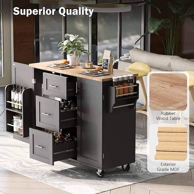 Mobile Island, Spice Tower, Rolling Kitchen Cart on Wheels w/Rubber Wood Top, 3 Drawer, 2 Slide-Out Shelf and Internal Storage Rack, Black, 50 Inch - LeafyLoom
