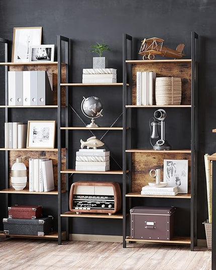VASAGLE 5-Tier Bookcase with 14 Shelves, Book Shelf with Metal Frame, Bookshelf for Living Room, Home Office, Industrial Style, 9.4 x 62.2 x 65.4 Inches, Rustic Brown and Black ULLS107B01 - LeafyLoom