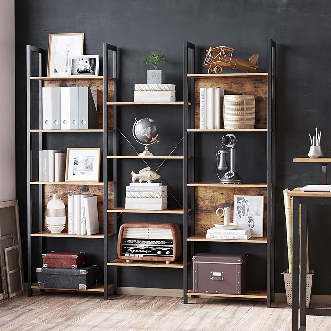 VASAGLE 5-Tier Bookcase with 14 Shelves, Book Shelf with Metal Frame, Bookshelf for Living Room, Home Office, Industrial Style, 9.4 x 62.2 x 65.4 Inches, Rustic Brown and Black ULLS107B01 - LeafyLoom