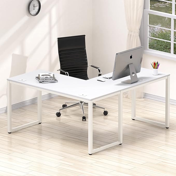 SHW Home Office 55-Inch Large L Shaped Corner Desk, 24" Deep, White - LeafyLoom
