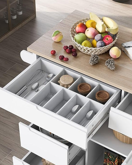 Kitchen Island with Storage, Rolling Table on Wheels w/Handle-Free Drawers Including a Flatware Organizer for Dinning Room, Rubber Wood Contertop - LeafyLoom
