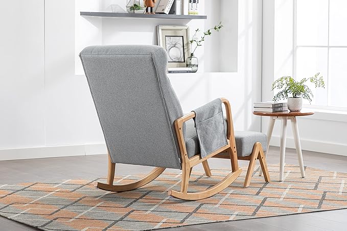 Armchair with Ottoman, Mid-Century Upholstered Accent Nursery, Glider Rocker Thick Cushion, Comfy Indoor Leisure Lounge Living Room, Bedroom, Office, Rocking Chair, Gray - LeafyLoom