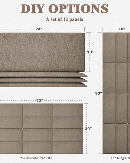 King Headboard, Wall Mounted Peel and Stick Headboard, Upholstered Tufted Bed Headboard for King Size Bed, Floating Dorm Bedroom Tall Headboard Soundproof Wall Panels (12 Panels, 10"x24") - LeafyLoom